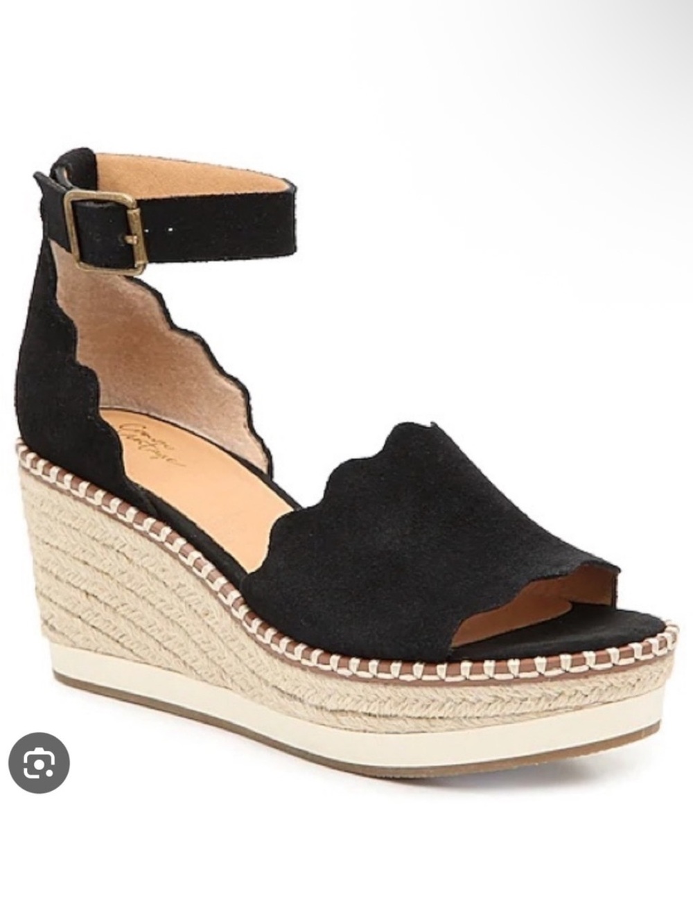 Crown Vintage Black Scallop Suede Espadrille Wedge Sandals with Ankle Strap